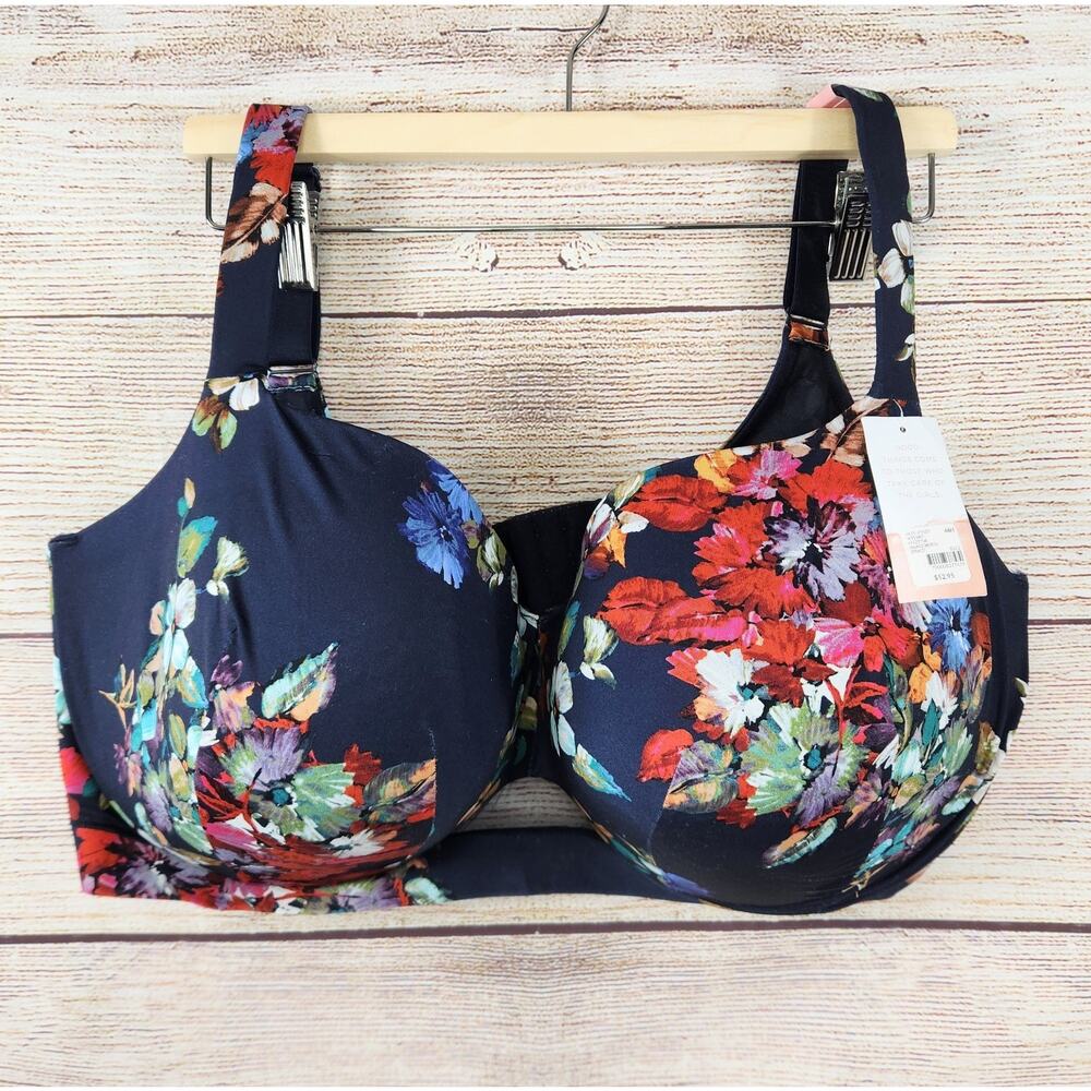 NWT Cacique Navy Blue Pink Floral Lightly Lined Balconette Bra 46H Comfort Bliss